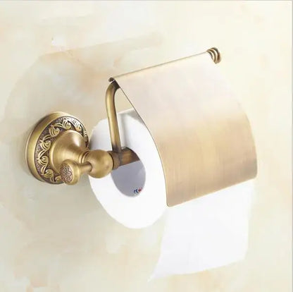 Ornate gold copper carved bathroom accessories set