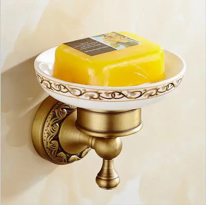 Ornate gold copper carved bathroom accessories set