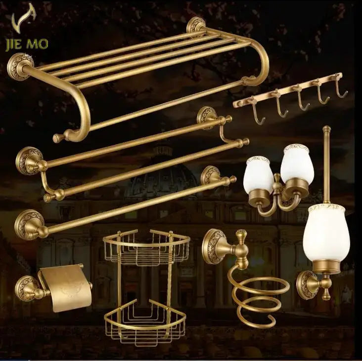 Ornate gold copper carved bathroom accessories set