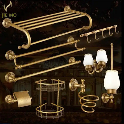Ornate gold copper carved bathroom accessories set
