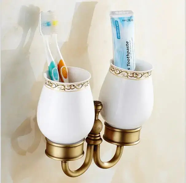 Ornate gold copper carved bathroom accessories set