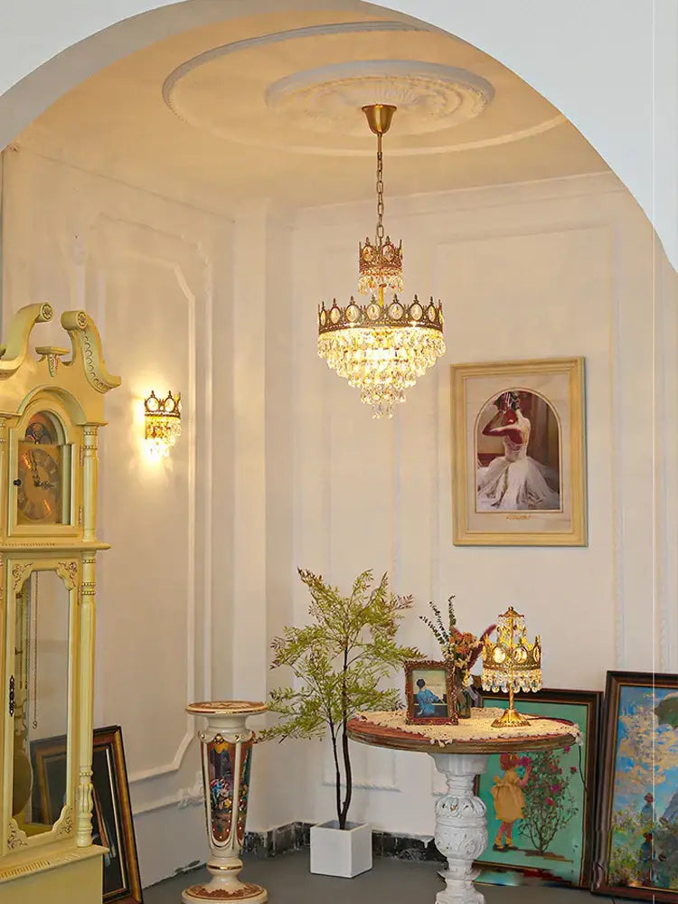 Ornate gold crown crystal led pendant light living room