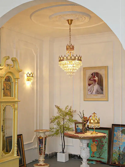 Ornate gold crown crystal led pendant light living room