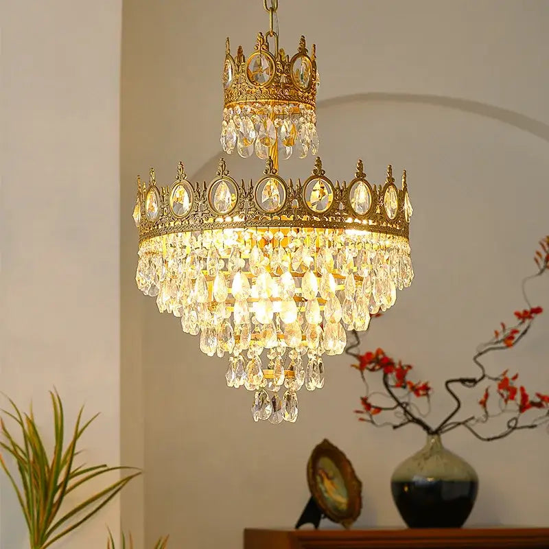 Ornate gold crown crystal led pendant light living room