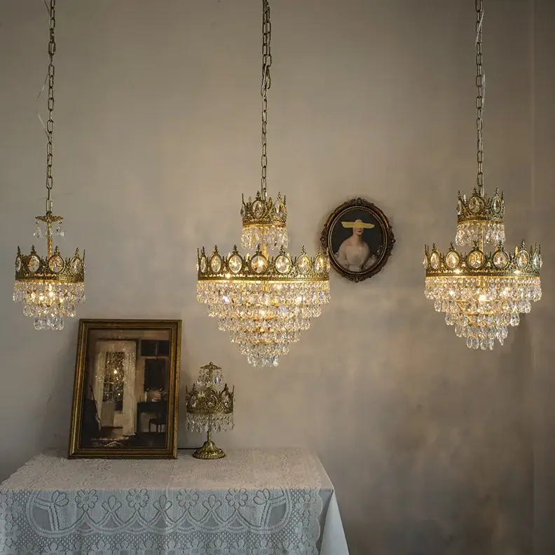 Ornate gold crown crystal led pendant light living room