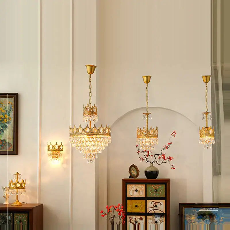 Ornate gold crown crystal led pendant light living room
