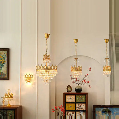Ornate gold crown crystal led pendant light living room