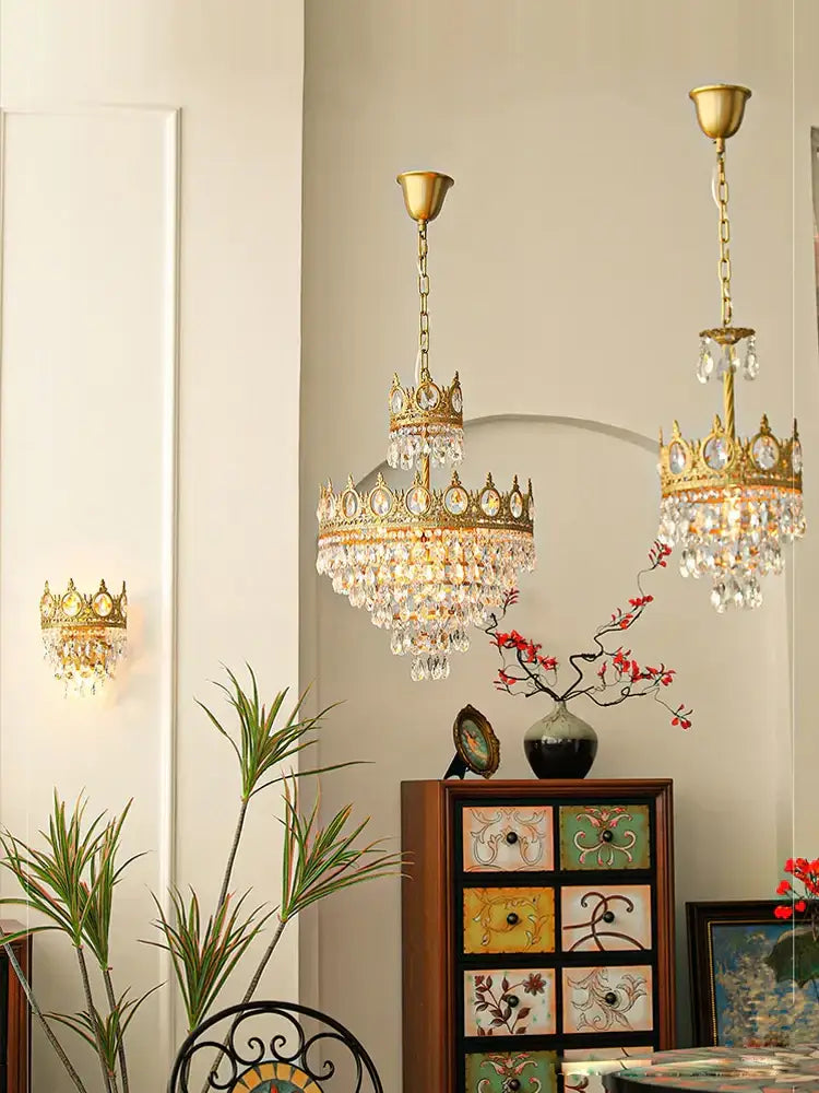 Ornate gold crown crystal led pendant light living room