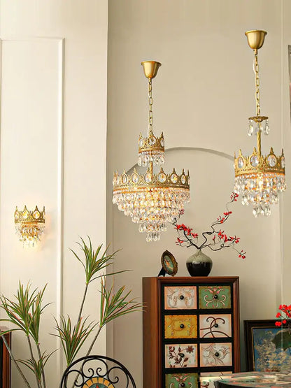 Ornate gold crown crystal led pendant light living room
