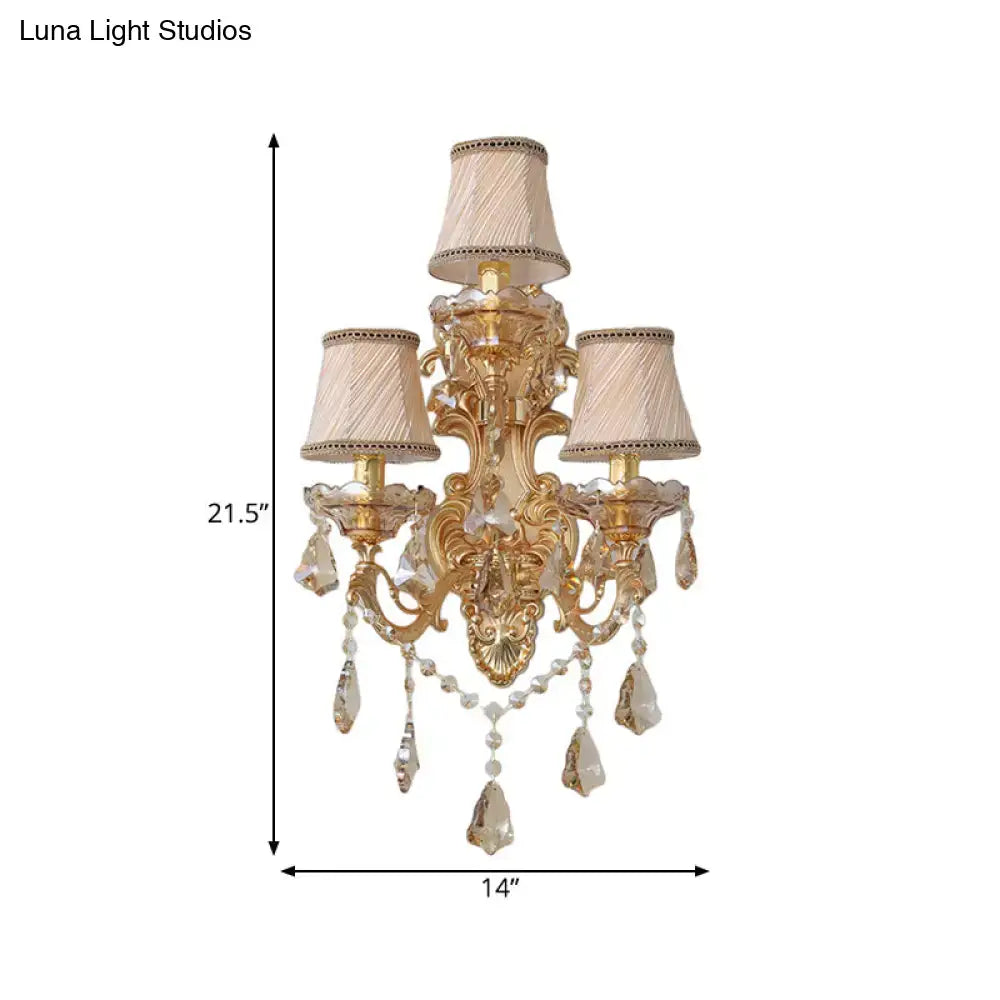 Ornate gold crystal 3 light metal fixture living room sconce