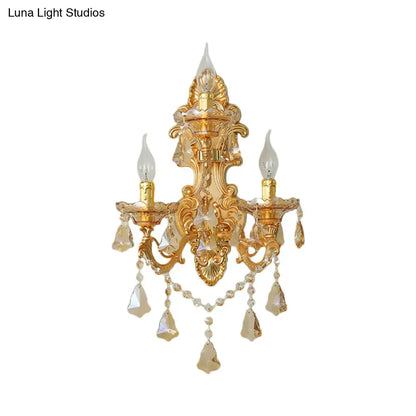 Ornate gold crystal 3 light metal fixture living room sconce