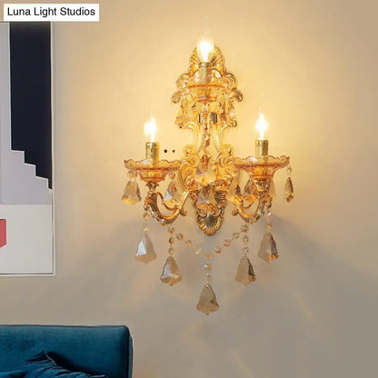 Ornate gold crystal 3 light metal fixture living room sconce