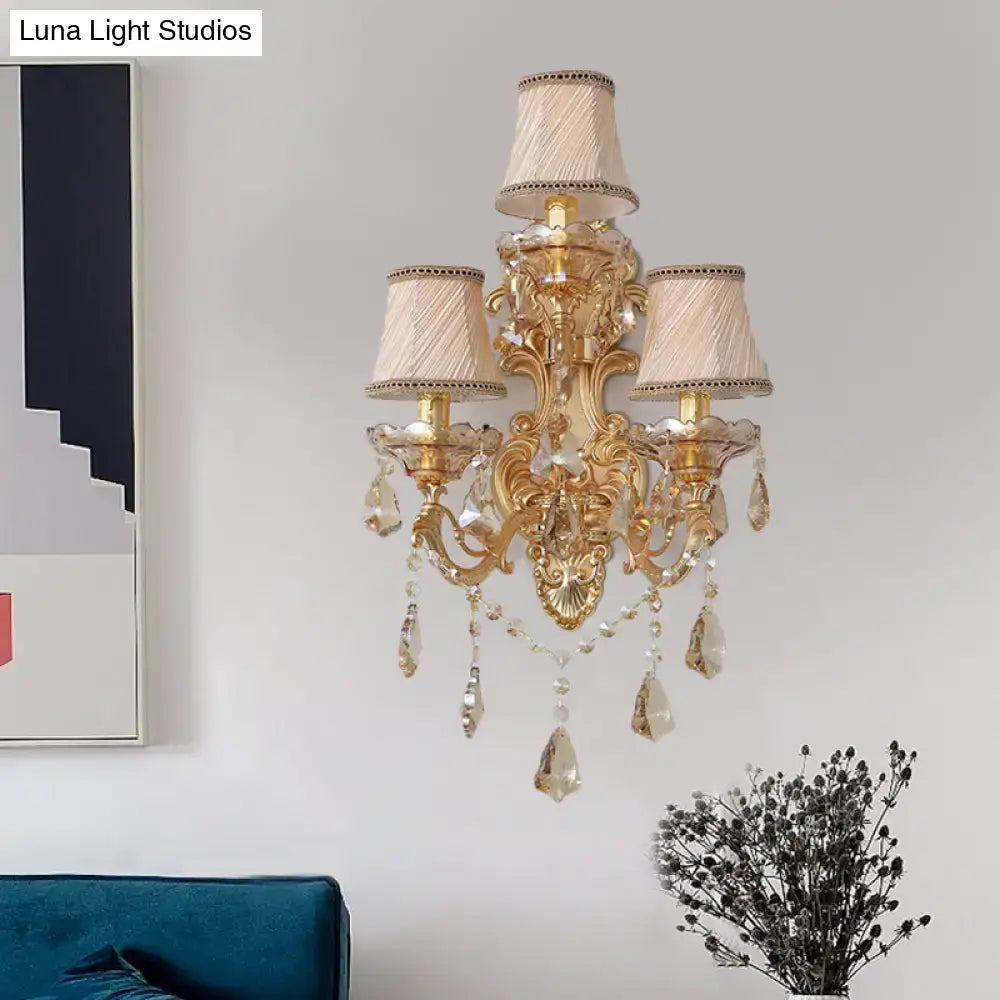 Ornate gold crystal 3 light metal fixture living room sconce