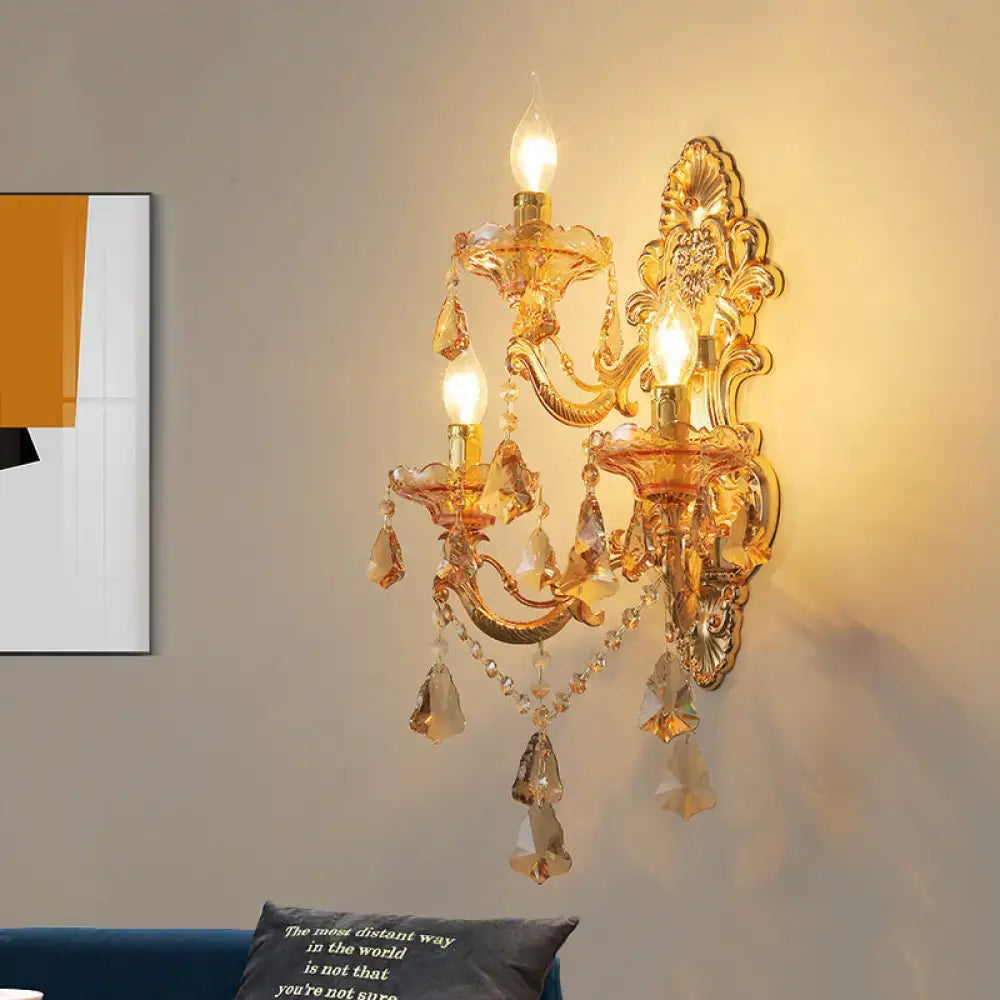 Ornate gold crystal 3 light metal fixture living room sconce