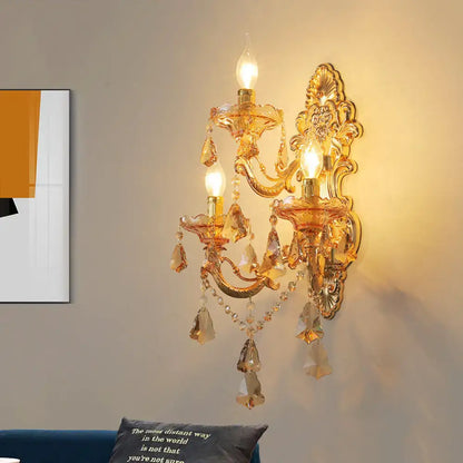 Ornate gold crystal 3 light metal fixture living room sconce