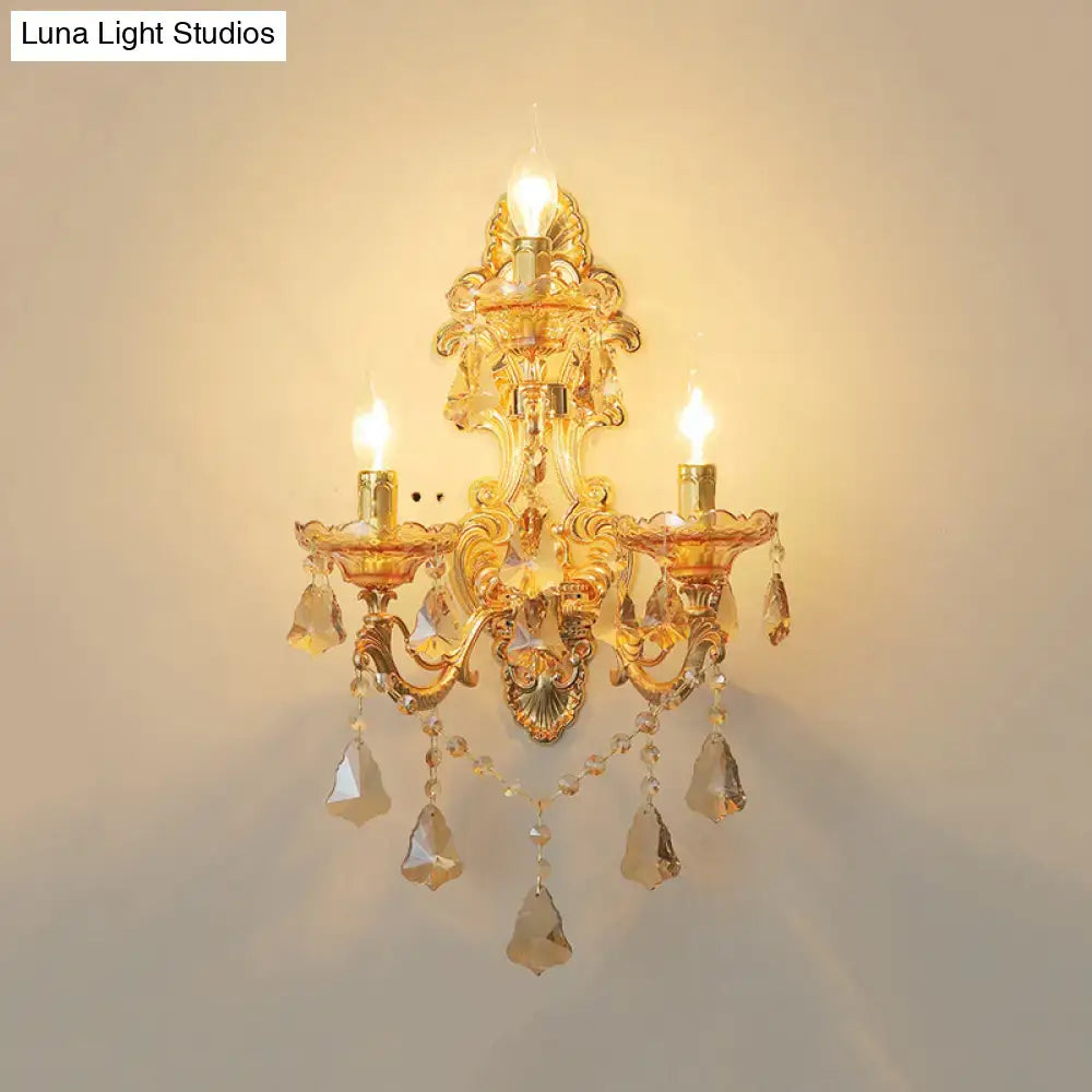Ornate gold crystal 3 light metal fixture living room sconce