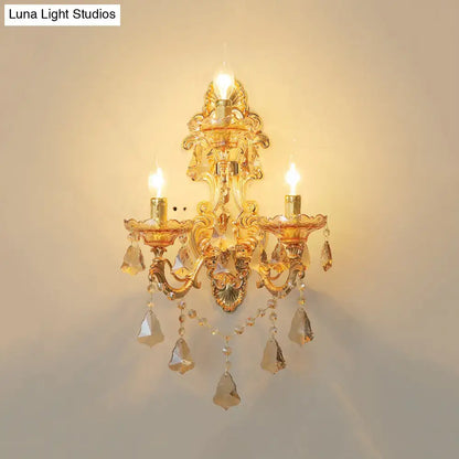 Ornate gold crystal 3 light metal fixture living room sconce