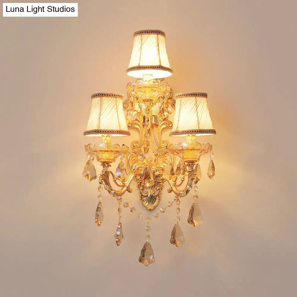 Ornate gold crystal 3 light metal fixture living room sconce