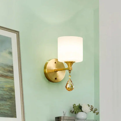 Ornate gold crystal copper wall lamp with glass shade for bedroom