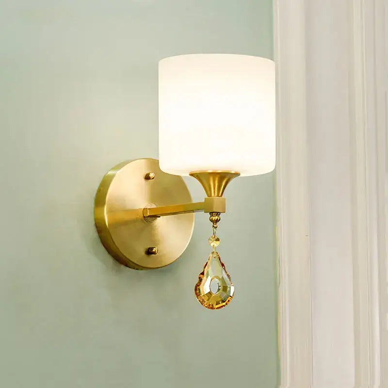 Ornate gold crystal copper wall lamp with glass shade for bedroom