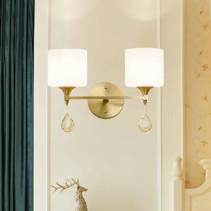 Ornate gold crystal copper wall lamp with glass shade for bedroom