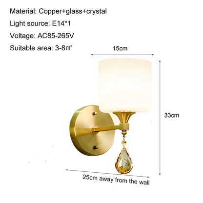 Ornate gold crystal copper wall lamp with glass shade for bedroom