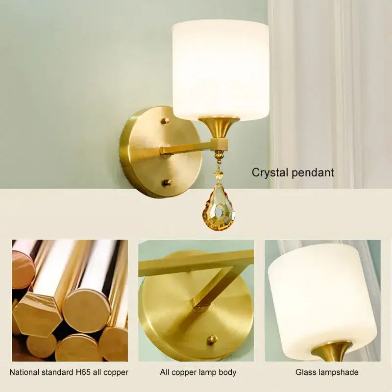 Ornate gold crystal copper wall lamp with glass shade for bedroom