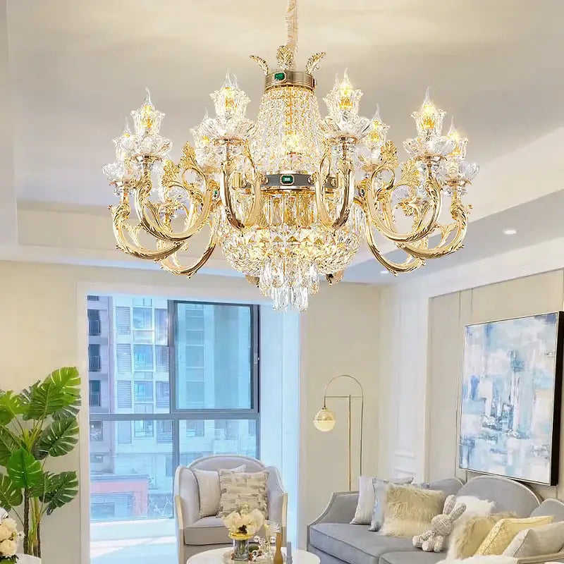 Ornate gold crystal dining room chandelier with green accent stone