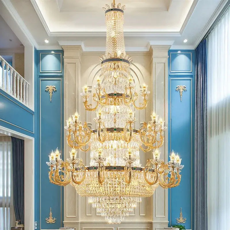 Ornate gold crystal dining room chandelier with green accent stone