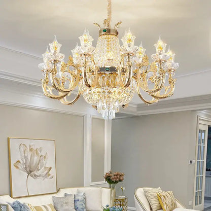 Ornate gold crystal dining room chandelier with green accent stone