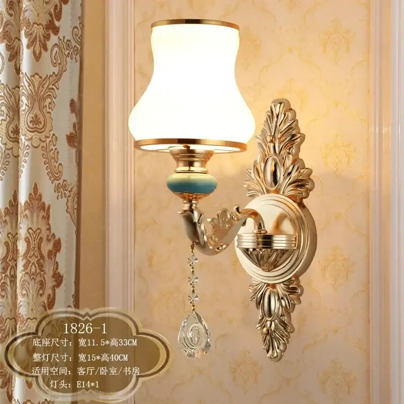 Ornate gold crystal wall sconce bedroom light with frosted shades