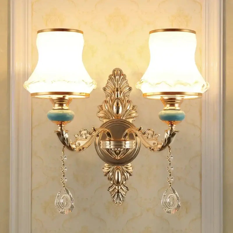 Ornate gold crystal wall sconce bedroom light with frosted shades