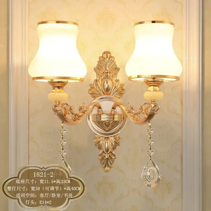 Ornate gold crystal wall sconce bedroom light with frosted shades