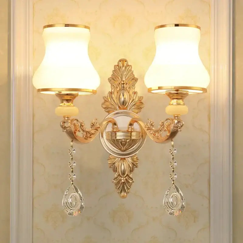 Ornate gold crystal wall sconce bedroom light with frosted shades