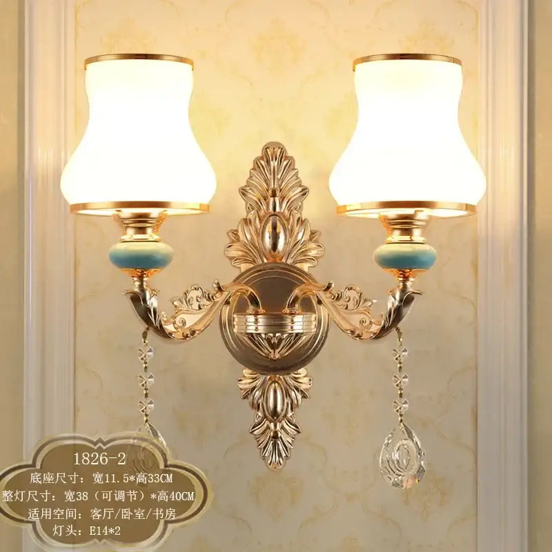 Ornate gold crystal wall sconce bedroom light with frosted shades