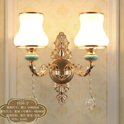 Ornate gold crystal wall sconce bedroom light with frosted shades
