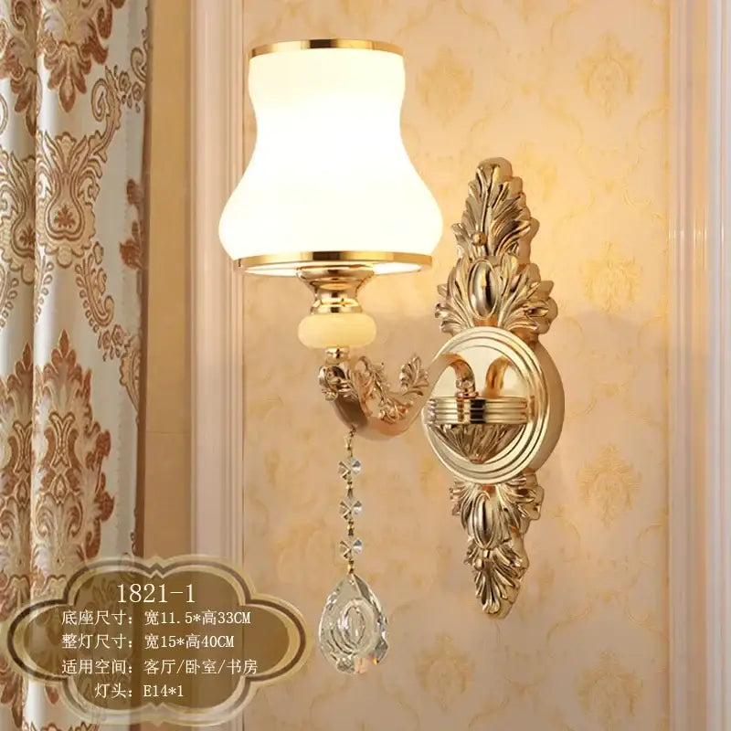 Ornate gold crystal wall sconce bedroom light with frosted shades