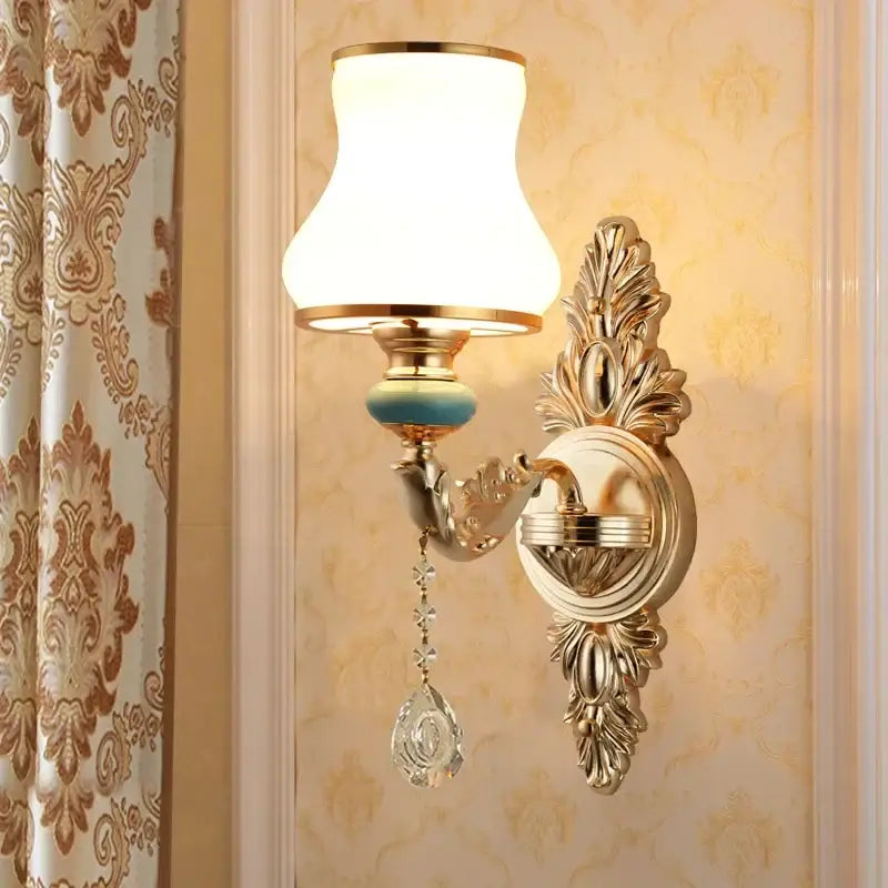Ornate gold crystal wall sconce bedroom light with frosted shades