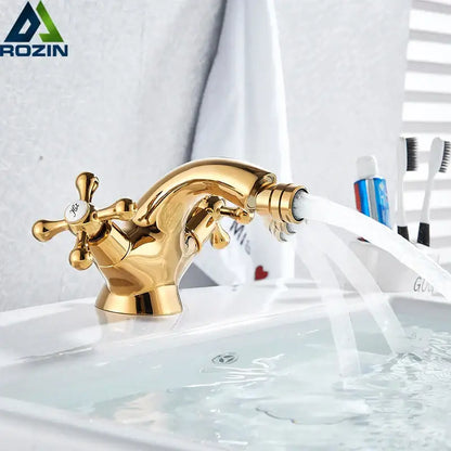 Ornate gold dual handle bidet faucet bathroom vessel sink tap