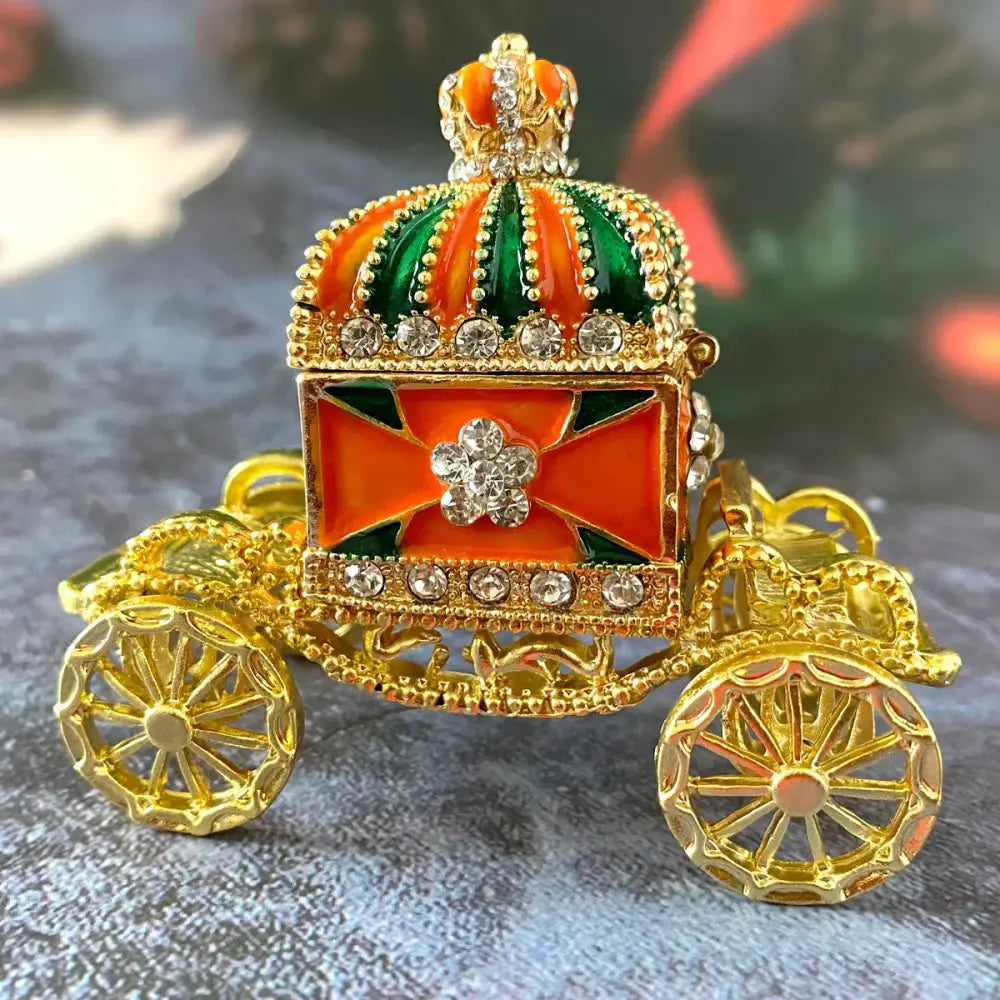 Ornate gold enamel crown jewelry box carriage bedroom decor