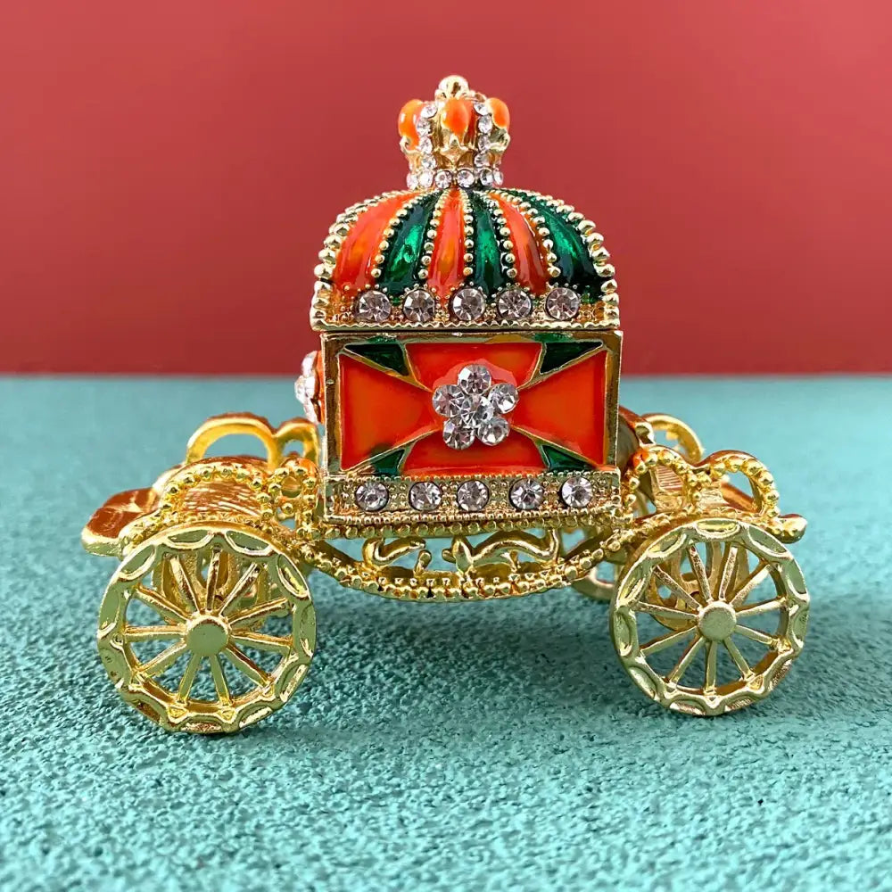 Ornate gold enamel crown jewelry box carriage bedroom decor