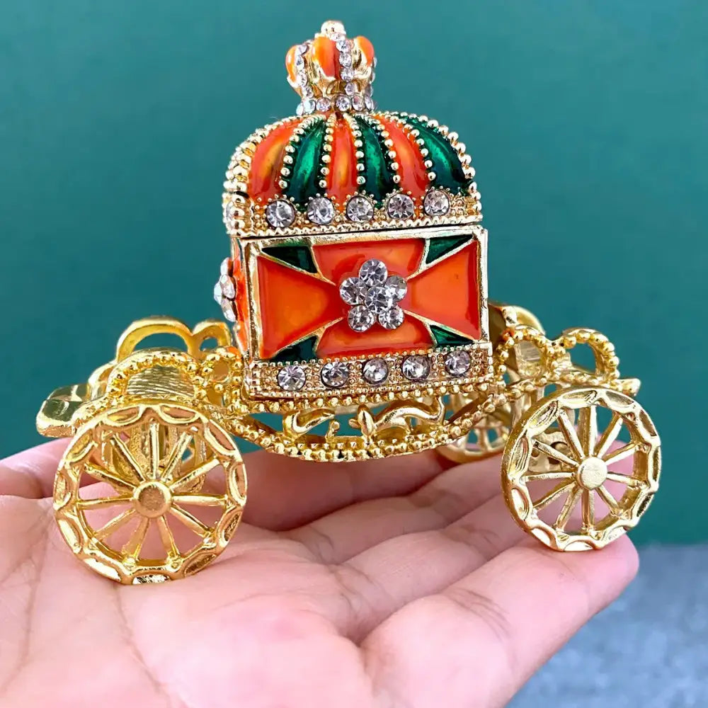 Ornate gold enamel crown jewelry box carriage bedroom decor