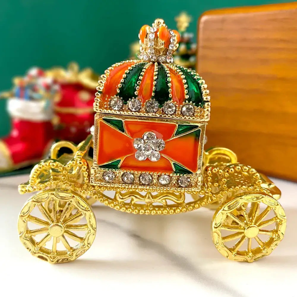 Ornate gold enamel crown jewelry box carriage bedroom decor