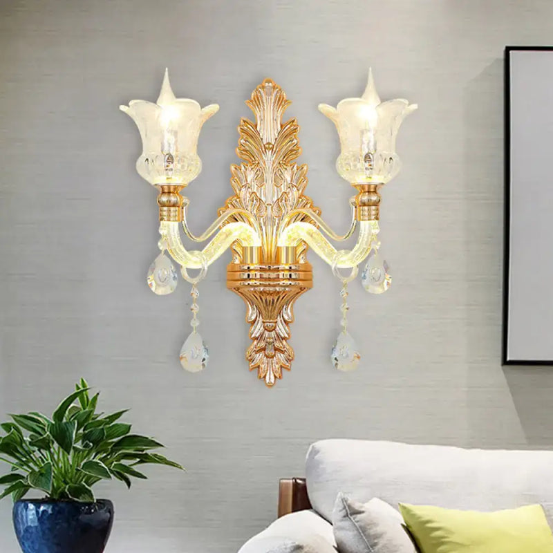 Ornate gold floral wall lamp with clear crystal glass bedroom sconce