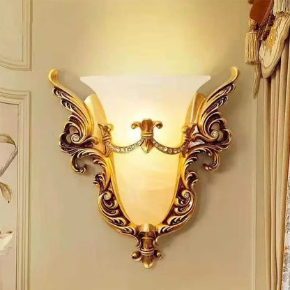 Ornate gold glass sconce light with crystals for living room