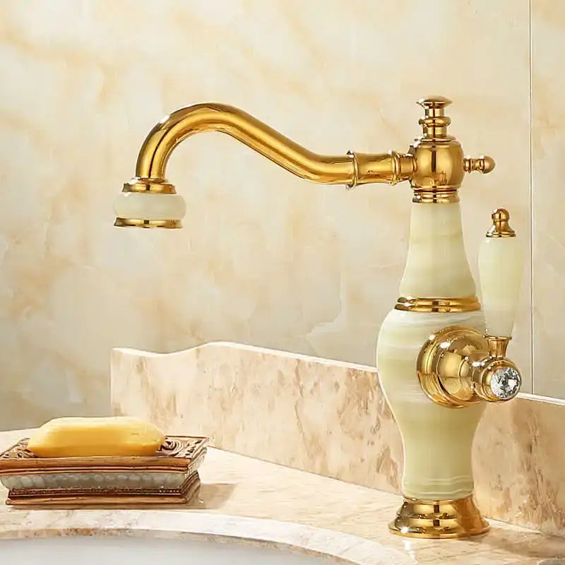 Ornate gold & green jade bathroom basin sink faucet