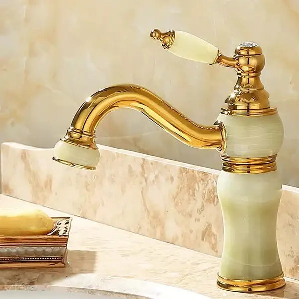Ornate gold & green jade bathroom basin sink faucet
