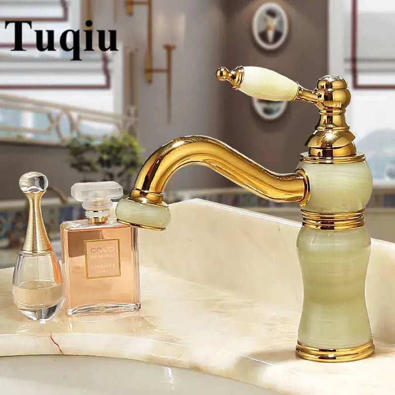 Ornate gold & green jade bathroom basin sink faucet
