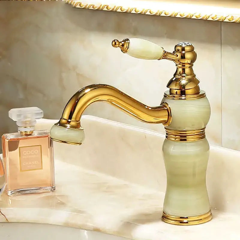 Ornate gold & green jade bathroom basin sink faucet