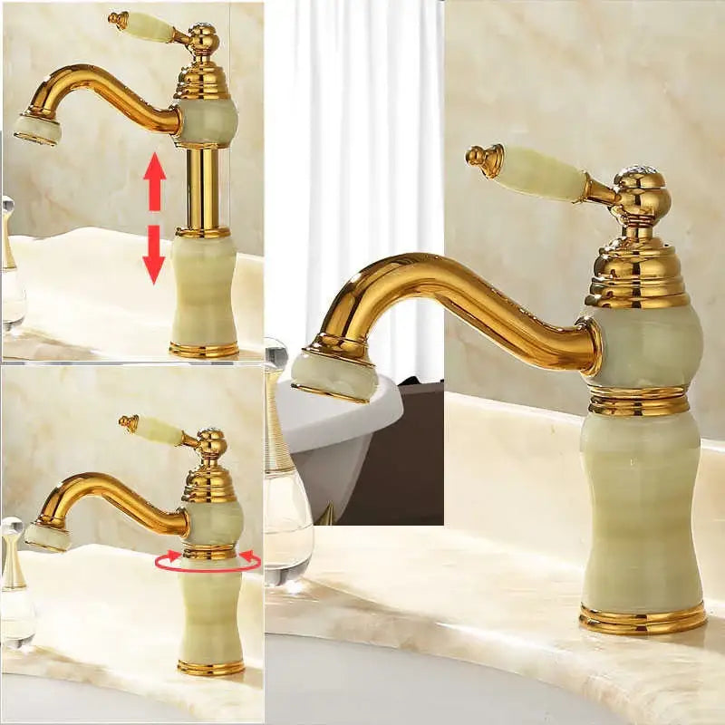 Ornate gold & green jade bathroom basin sink faucet
